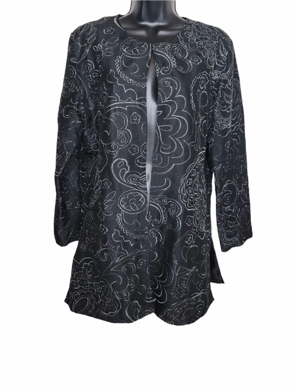 Chico's Duster Jacket Sz (2) Large Embroidered 100% Silk Embroidered Lightweight